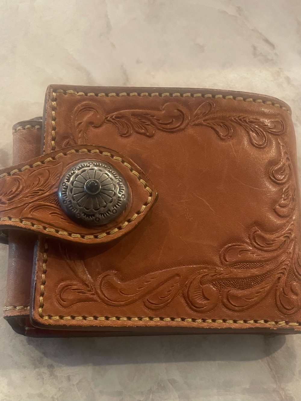 Men's Tooled Leather Wallet with Snap Closure - Brown